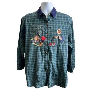 🍀 Victoria Jones Women 18W Green Plaid Embroidered Novelty Shirt Cottagecore